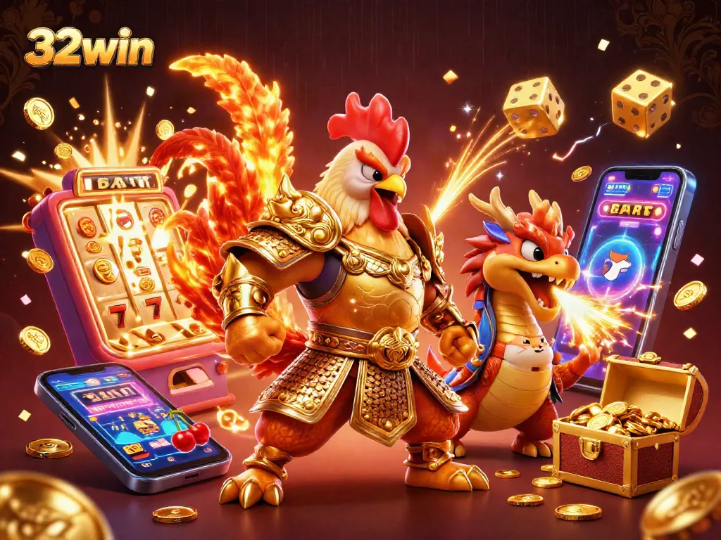 Engage with 32win’s vibrant casino universe, showcasing a heroic rooster warrior with a jackpot explosion.