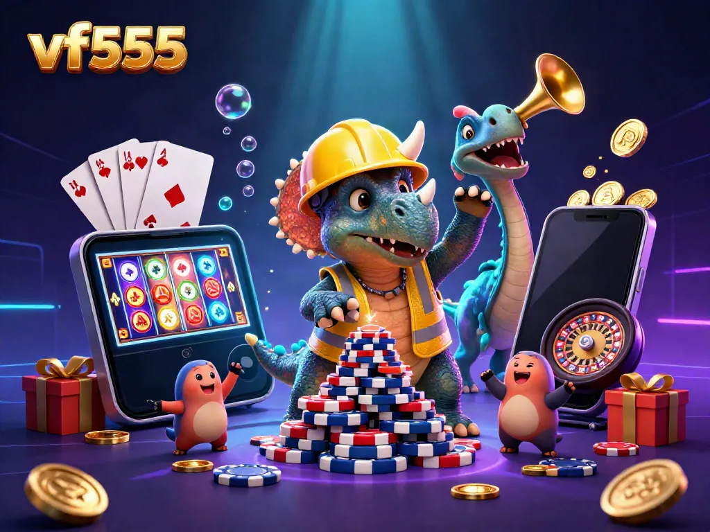Engage with vf555 gaming excitement featuring a triceratops building poker chips while celebrating with game elements