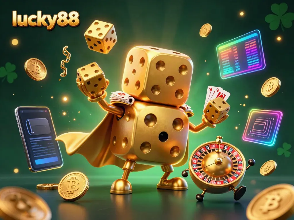 Play exciting games at lucky88, featuring a golden dice golem and dynamic scene with cryptocurrency elements.