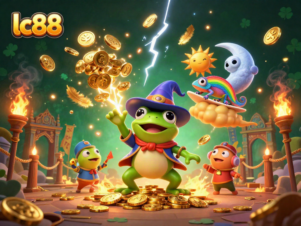 Experience lc88 through a whimsical storm of golden coins with a vibrant gambling theme.