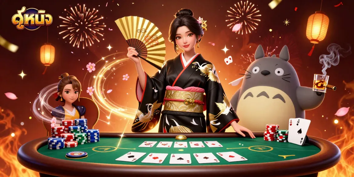 Engage in ดูหนัง while playing poker with rich visuals and cultural elements in a vibrant 3D illustration.