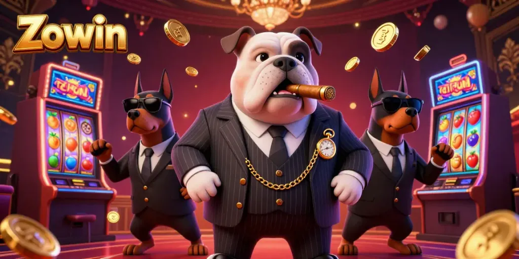 Zowin slot machines surrounded by a mafia bulldog and Doberman bodyguards ready to win big.