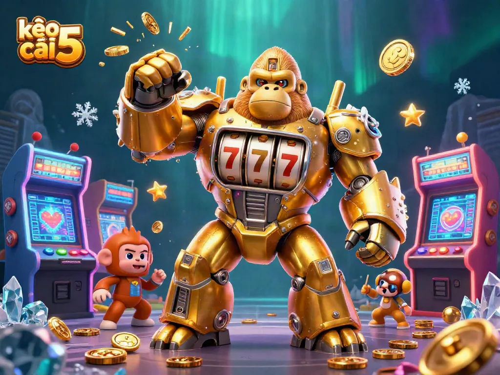 Experience the excitement with kèo nhà cái 5, featuring a golden gorilla mech and slot machine elements.