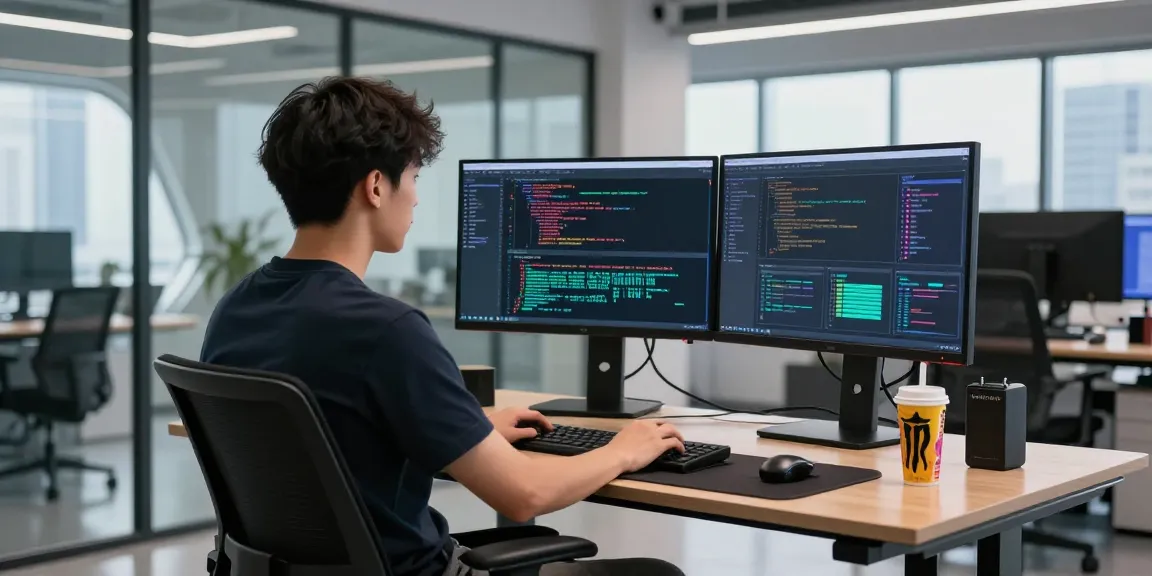 Developer coding on Slot7000 platform in a modern workspace with dual monitors.