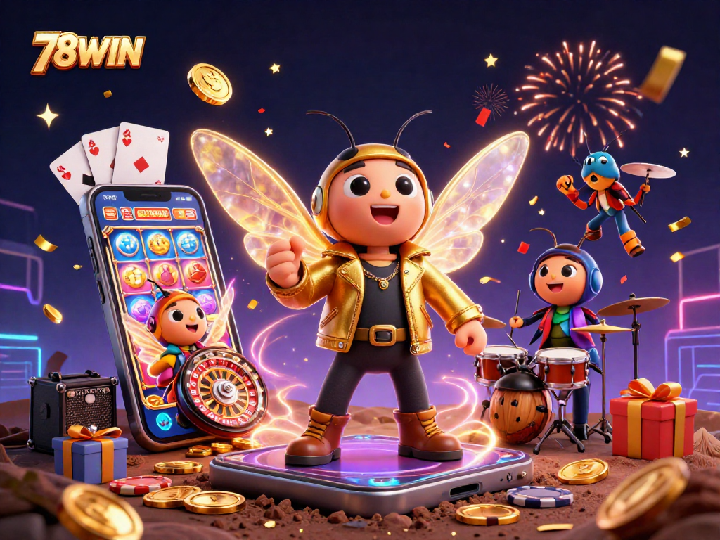 Play exciting games with 78WIN, featuring a 3D cartoon cicada rock star and vibrant casino elements.