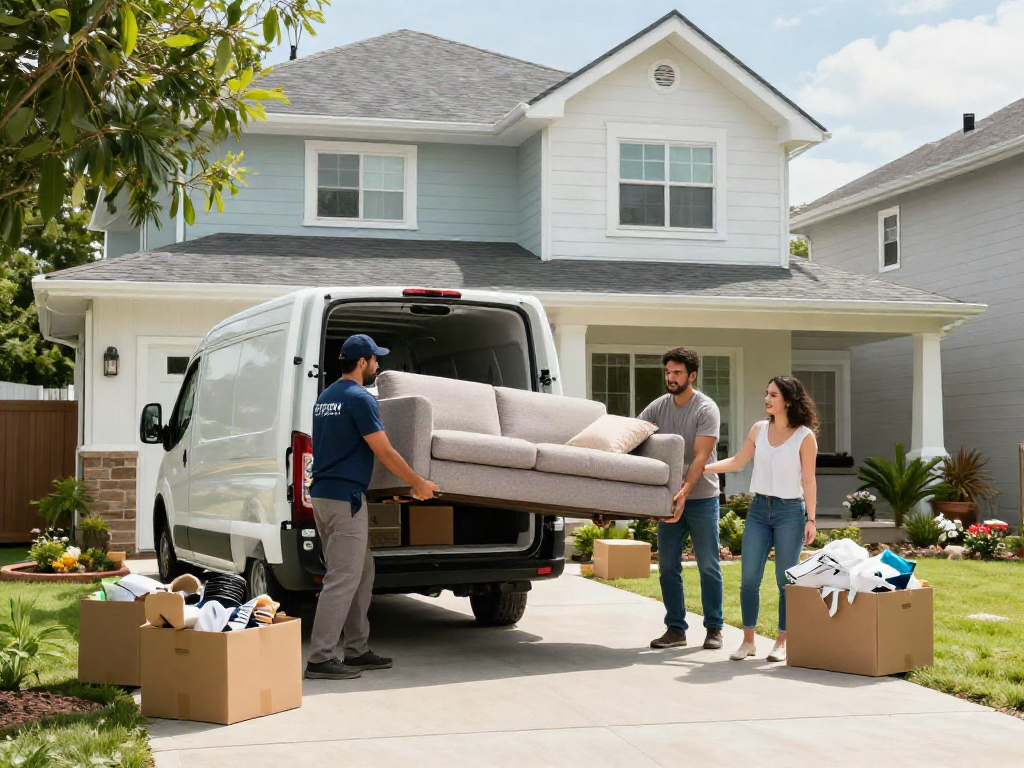 House movers carefully lifting a sofa into a van outside a suburban home, with packing boxes and happy clients.