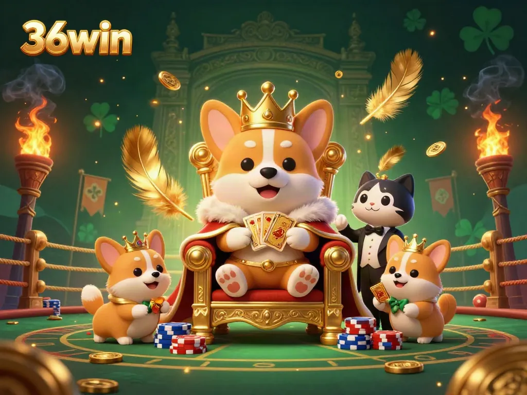 Experience thrilling gameplay action at 36win with a royal corgi and animated casino characters.
