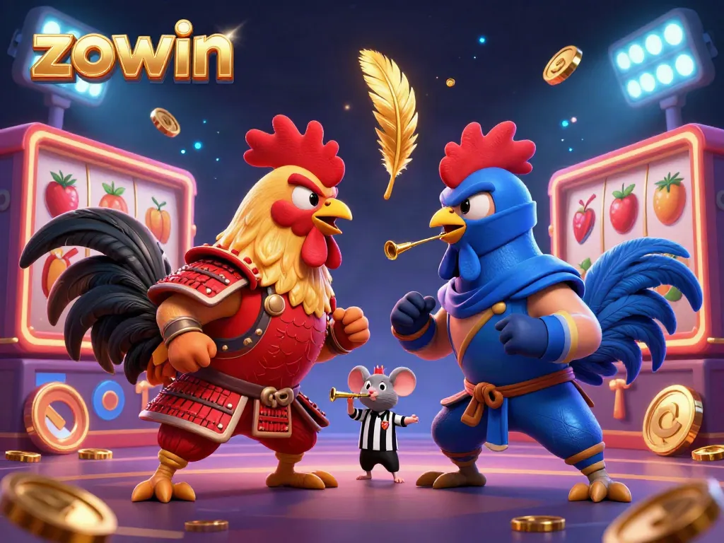 Join the action at Zowin's thrilling slots game with fighting roosters in a dazzling atmosphere.
