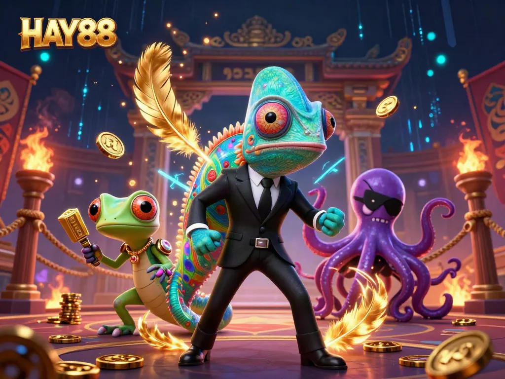 HAY88 chameleon and gecko engage in a vibrant casino showdown with dynamic game elements.