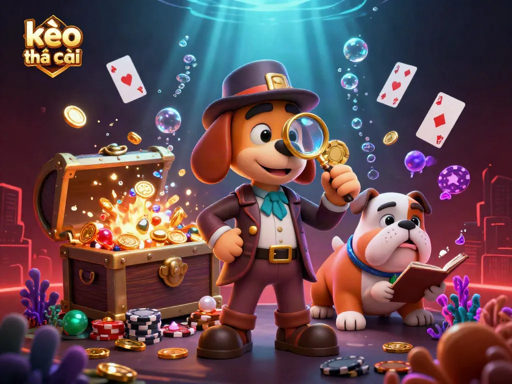 Engage with "kèo nhà cái" as a cartoon detective investigates a rich poker scene filled with treasure.