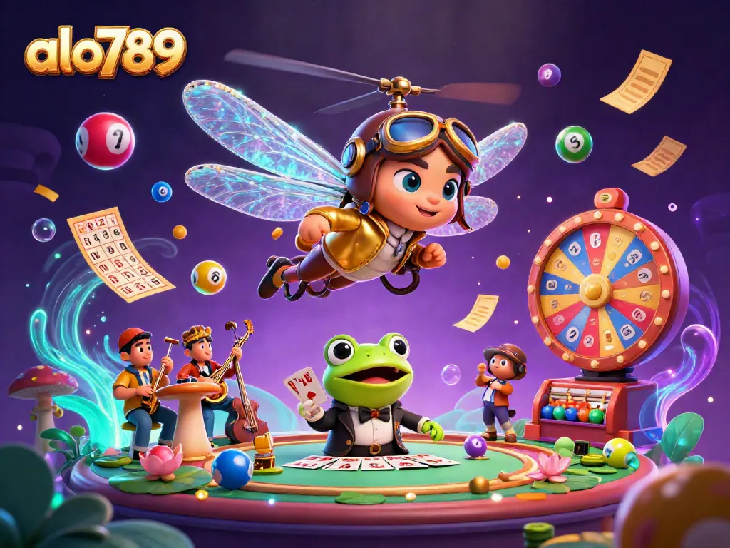 Experience the mesmerizing aura of alo789's vibrant casino scene with a dragonfly pilot and a frog croupier.
