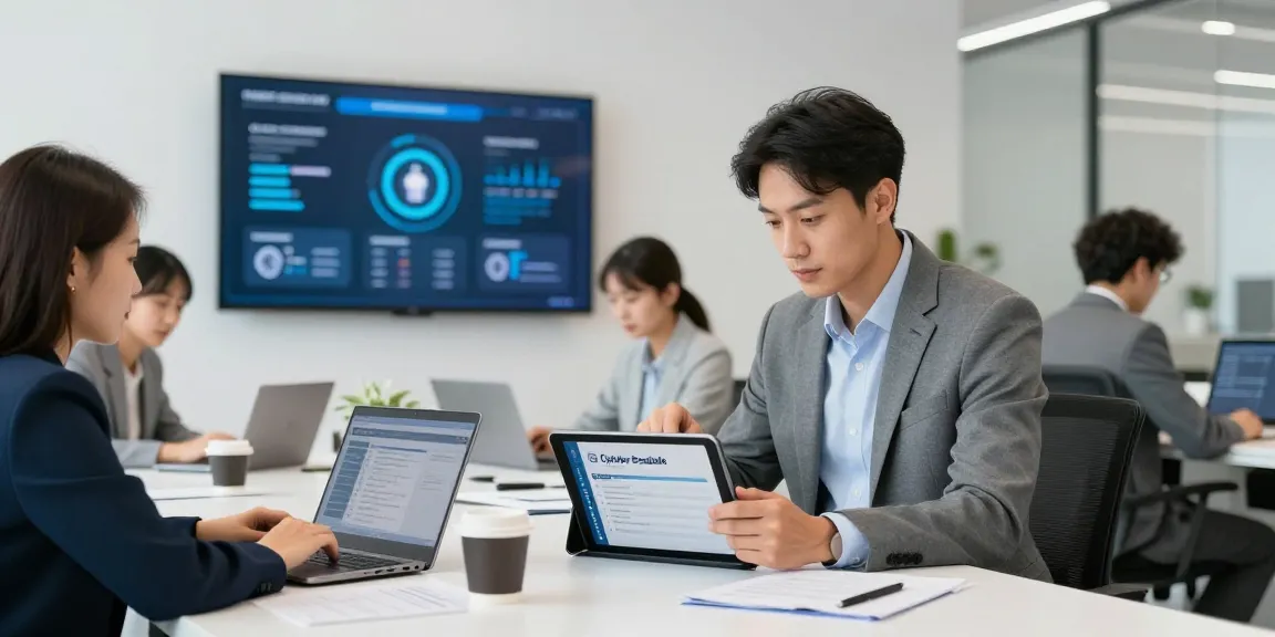 Business professional checking cyber essentials checklist in modern office environment.