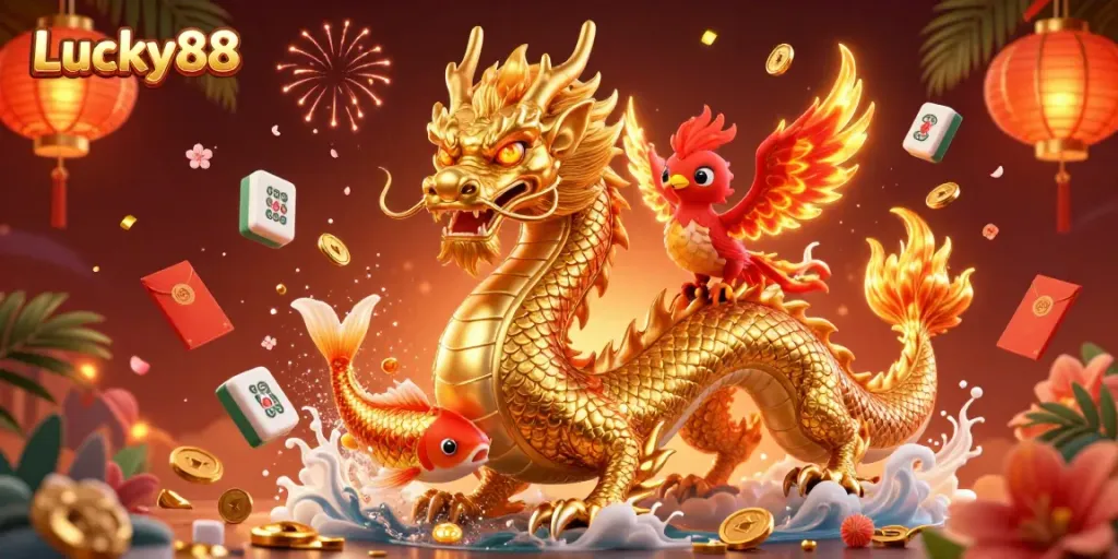 Experience the thrilling Lucky88 casino scene with a vibrant dragon, phoenix, and koi fish amidst festive elements.