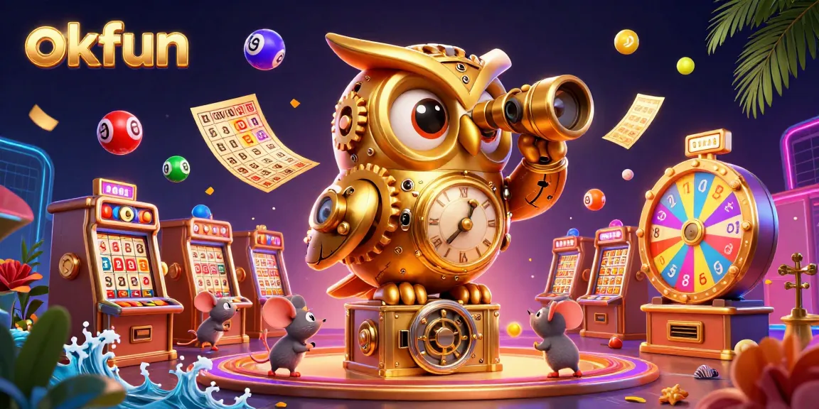 Engage with okfun's vibrant casino experience featuring a golden owl overseeing slot machines and energetic game elements.