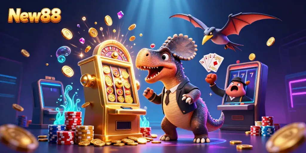 New88 energizes gamblers with a dinosaur-themed jackpot scene, headbutting a slot machine amidst flying coins.