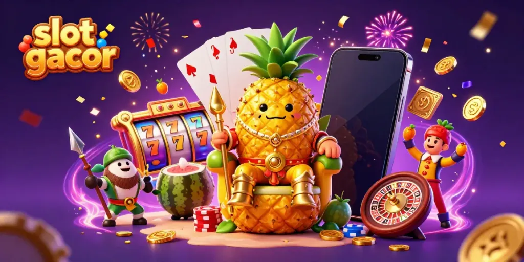 Merayakan kesenangan di dunia slot gacor dengan karakter menarik dan elemen permainan kasino.