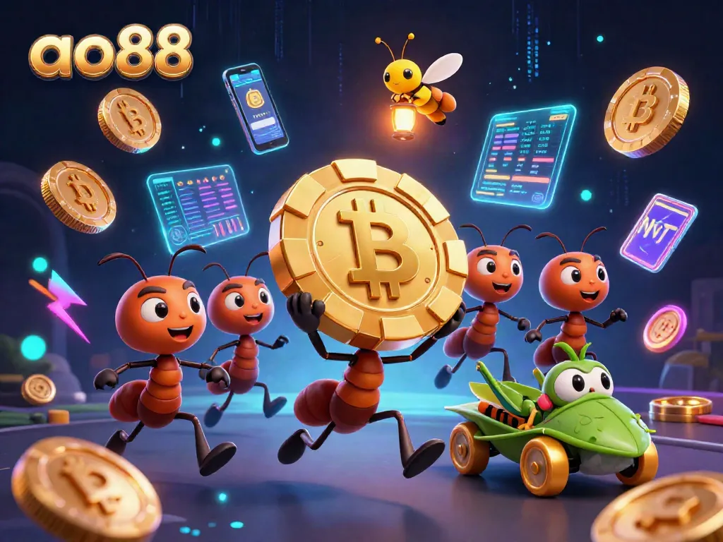 Watch the ao88 team of ants joyfully run a heist with a giant poker chip amidst glowing crypto coins.
