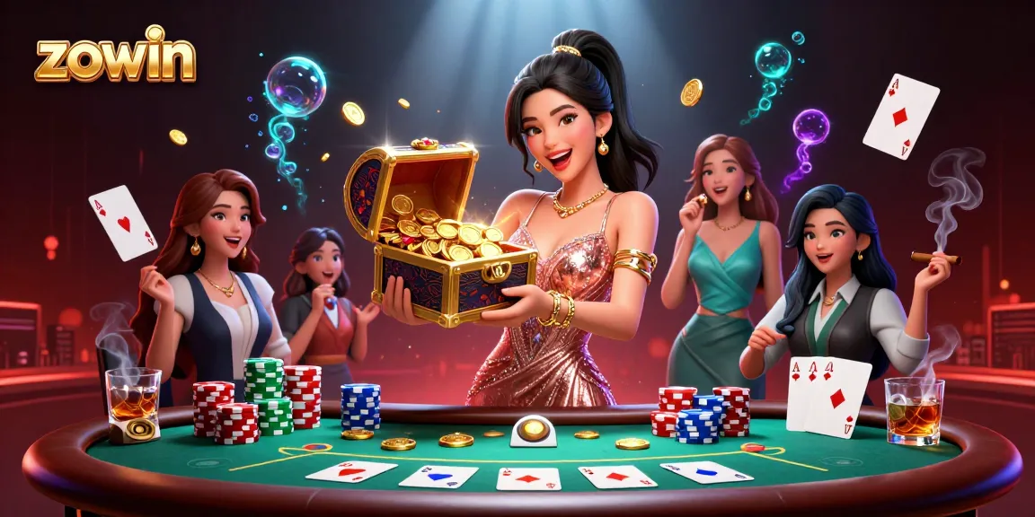 Experience thrilling casino action with Zowin, showcasing a beautiful woman and a treasure chest overflowing with riches.