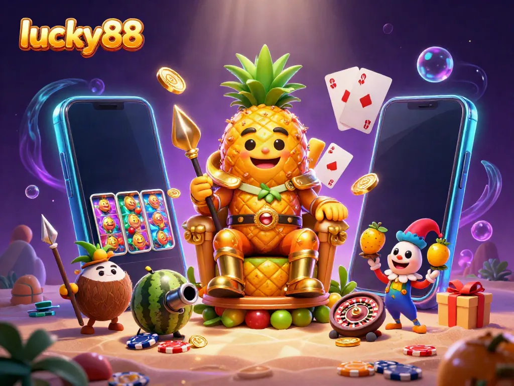 Engage in thrilling gameplay at lucky88 with a vibrant casino scene featuring a golden pineapple king amid exciting games.