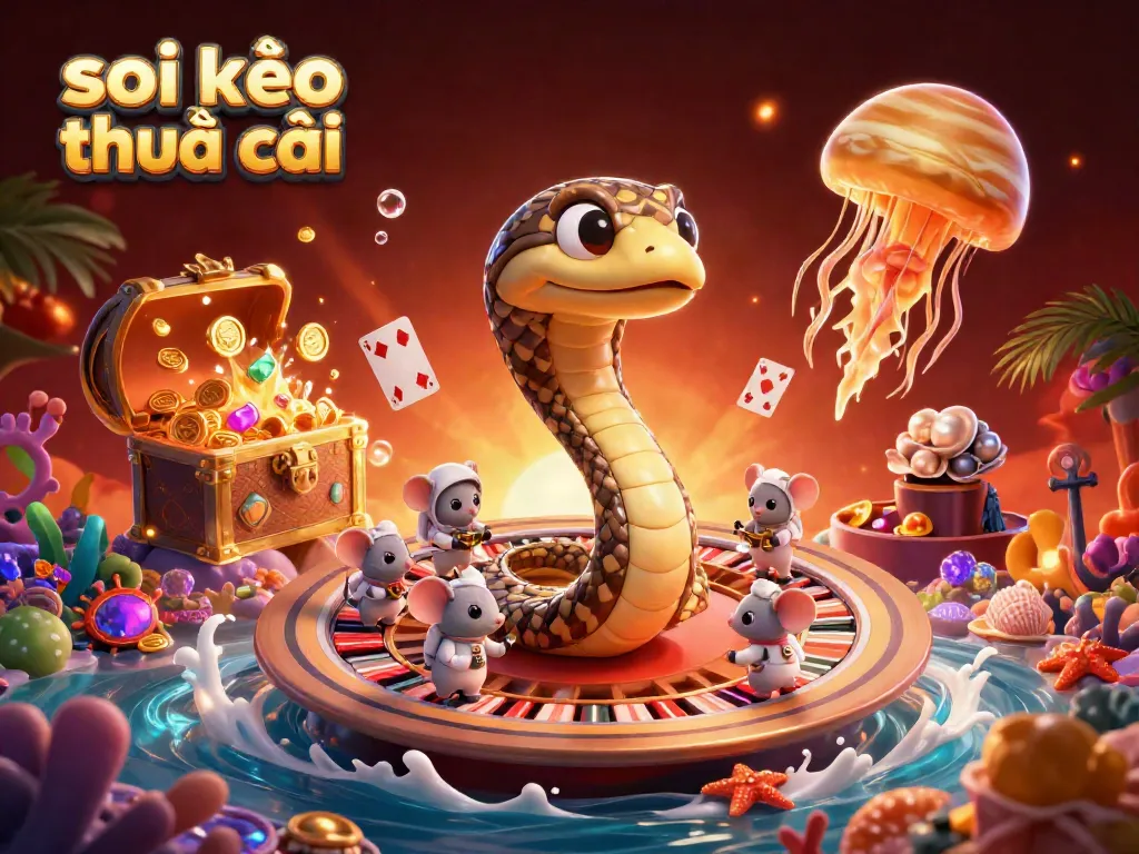 Engage with the dynamic scene of "soi kèo nhà cái" where a Saturn snake roulette wheel spins while astronaut mice place bets in a vibrant casino world.