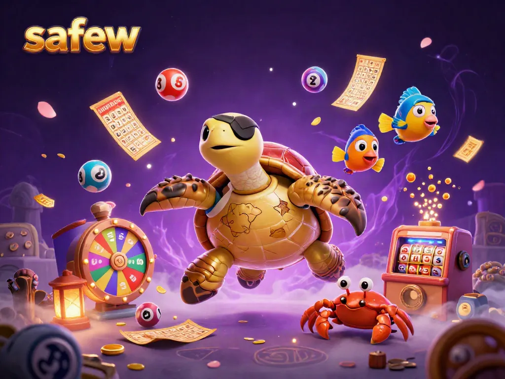 Engage with safew's exciting lottery experience featuring animated characters amidst vibrant gaming elements.