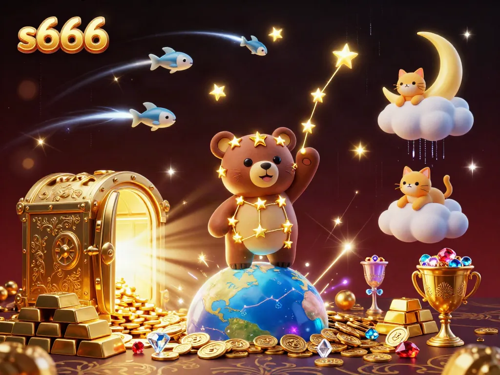 Experience the magic of s666 with a constellation bear surrounded by treasure and gaming elements.