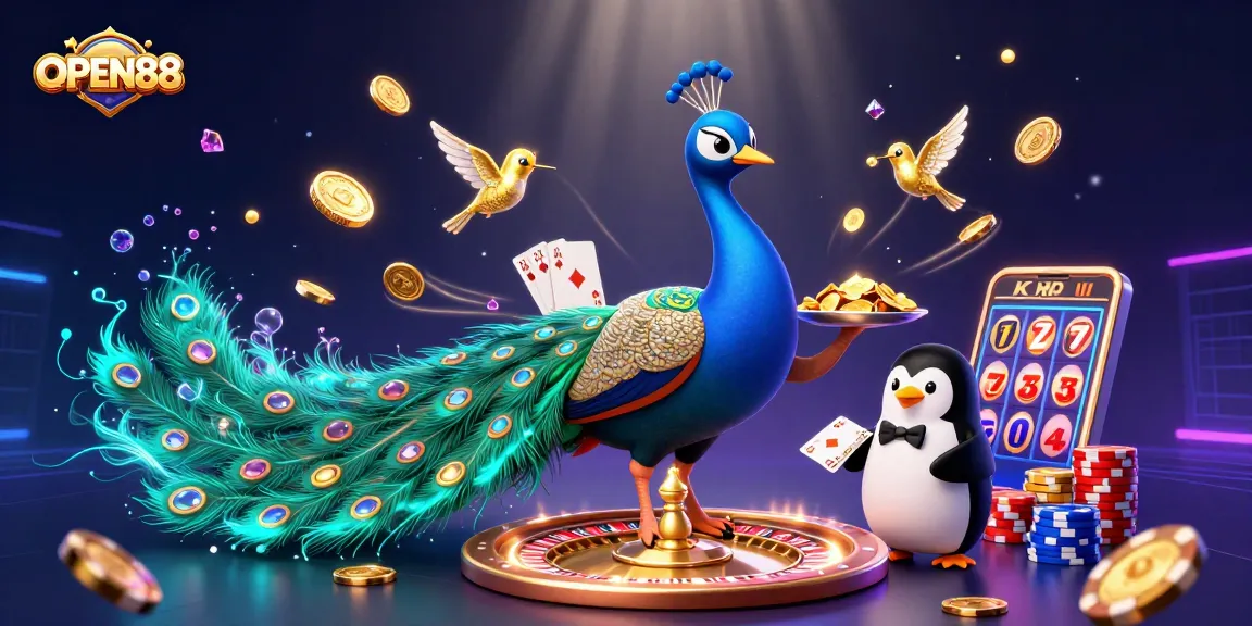 Experience the thrill of OPEN88 with vibrant 3D characters, golden chips, and dynamic casino elements.
