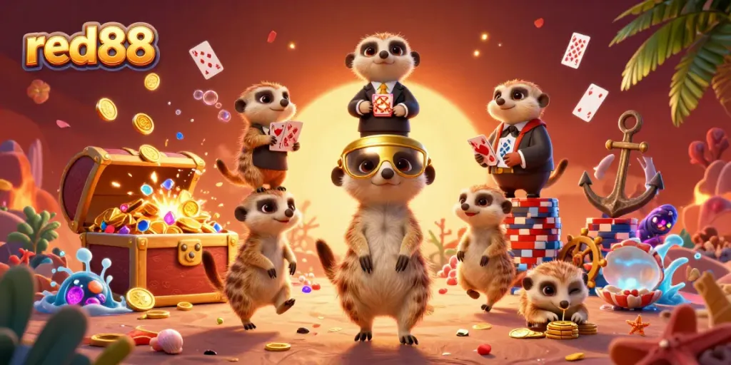 Experience the excitement of red88 casino through a dynamic meerkat illustration depicting lively gambling elements.