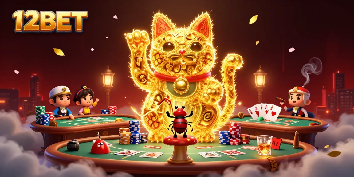 Experience thrilling 12BET moments with a giant lucky cat illustration showcasing vibrant casino action.