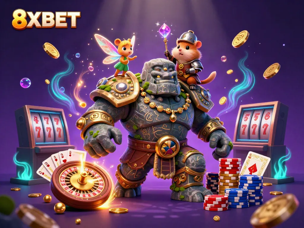 8XBET showcases a magical 3D scene with a golem guardian, fairy, and hamster knight amidst vibrant casino elements.