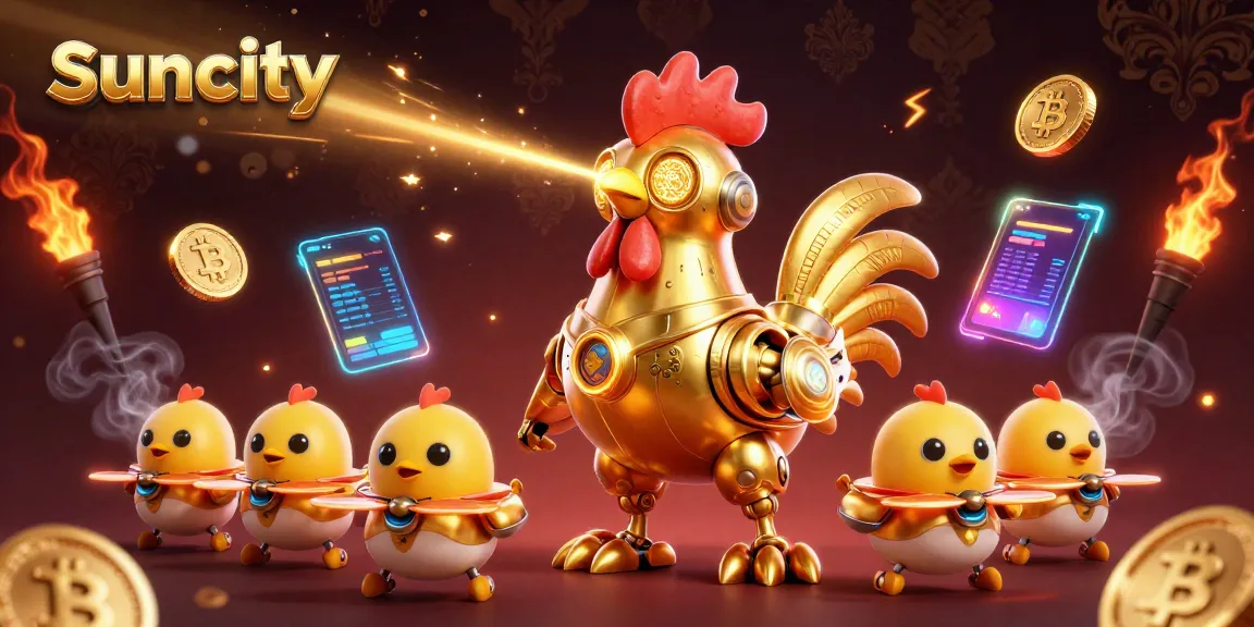 Suncity's golden rooster robot leads baby chick drones in a captivating casino scene.