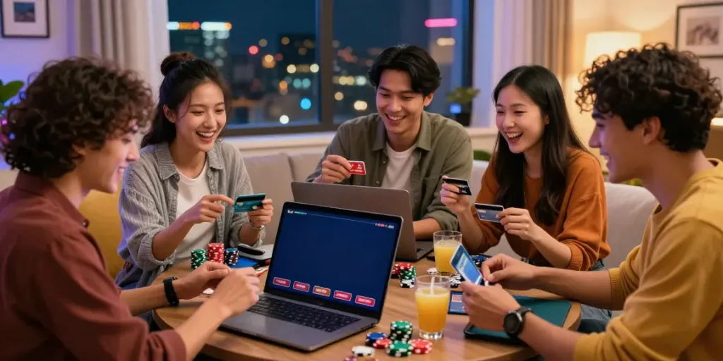 Friends enjoying online credit card casinos in a lively home environment.