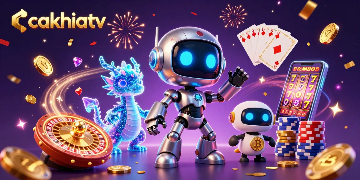 Cakhiatv attracts bettors with a vibrant scene of 3D characters amidst casino elements and festive confetti