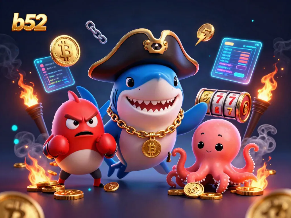 B52 gaming excitement illustrated by a playful pirate shark, pufferfish, and octopus surrounded by neon crypto coins.
