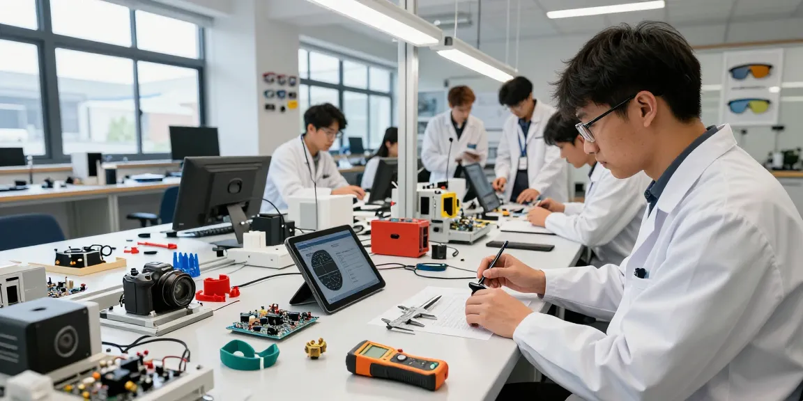 Engineer testing beta tools in a modern workshop with prototypes and precision instruments for innovation.