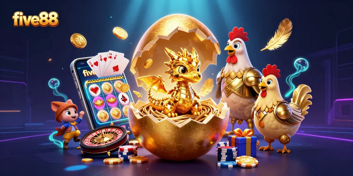 Engage with five88's thrilling golden egg casino scene featuring a baby dragon and poker chips.