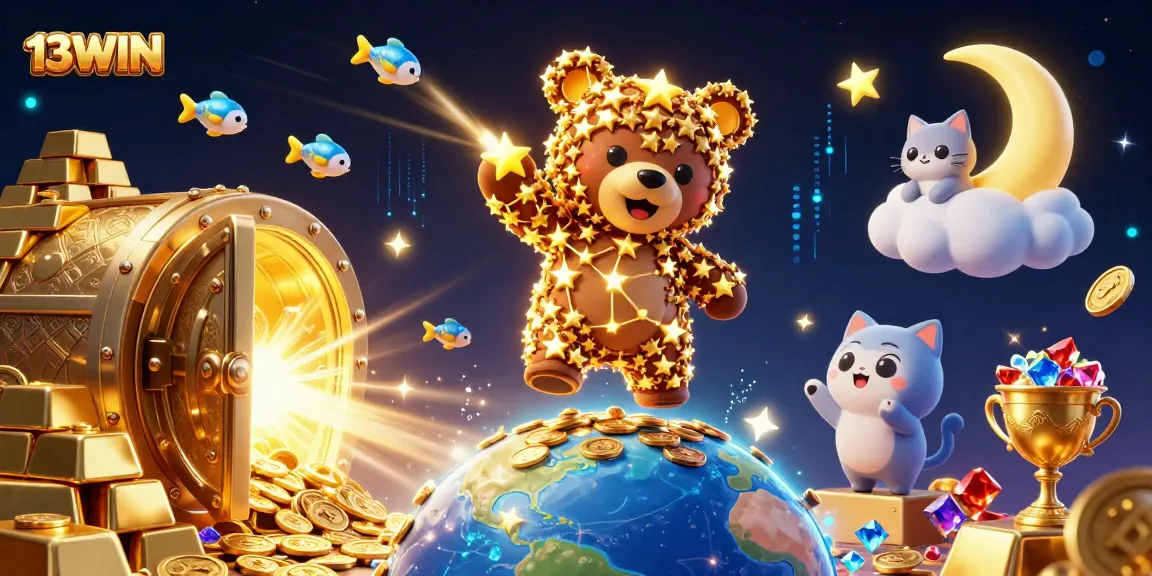 Experience the exciting thrill of winning at 13WIN with splashes of coins and dazzling jewels in a vibrant casino scene.