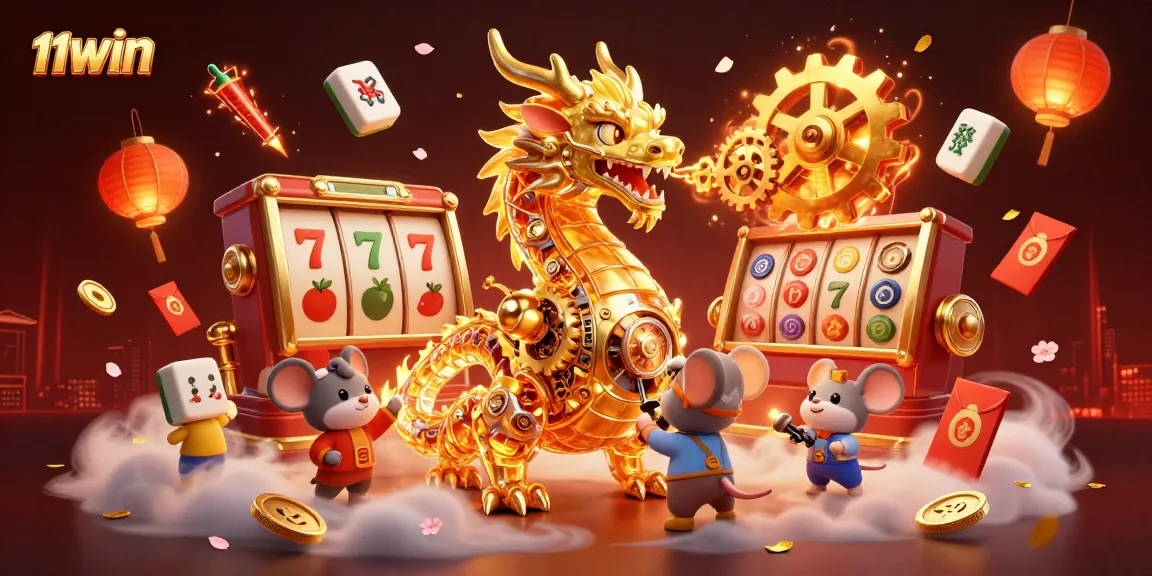 Experience thrilling excitement at 11WIN with a dragon amidst vibrant casino elements.