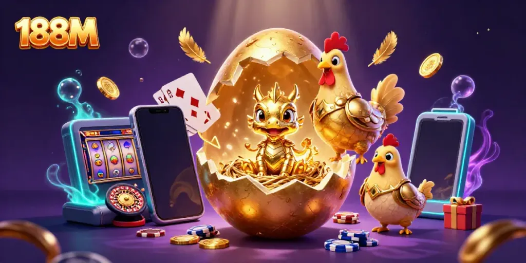 Experience thrilling gameplay at 188M with a golden dragon guarding poker chips amidst dazzling casino-themed elements.