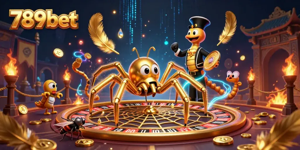 Engage in thrilling bets with 789bet amidst a vibrant 3D casino scene featuring a roulette wheel web.