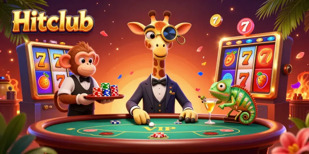 Experience the vibrant gaming scene of Hitclub with a high-roller giraffe and dynamic slot elements.