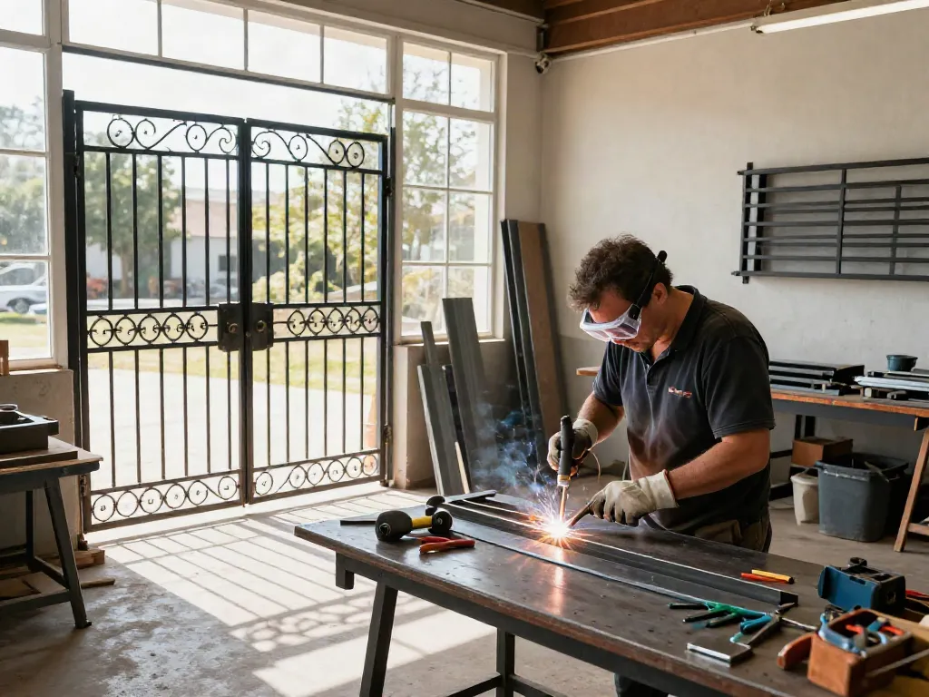 Custom metal gate fabrication by Al taher carepentry and aluminium in a bright workshop.