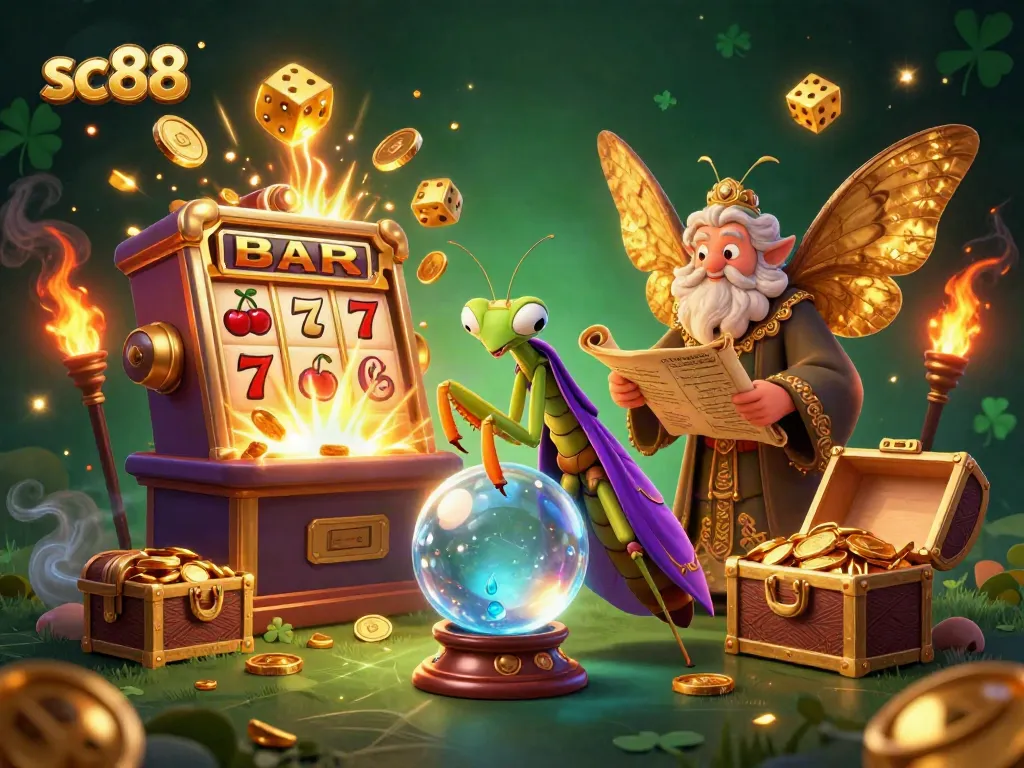 Experience sc88 excitement with a mystical fortune teller predicting big wins amid a vibrant online casino.