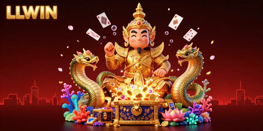 Engage with LLWIN’s thrilling gaming experience featuring a vibrant scene with temple guardian and dragon companions.