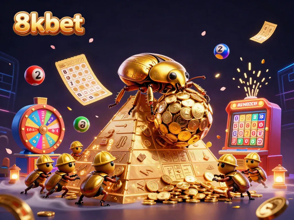Experience the vibrant world of 8xbet with a golden beetle rolling coins amidst a dynamic lottery scene.