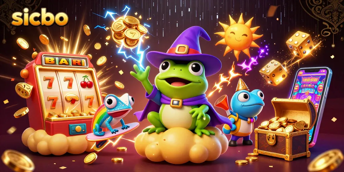 SICBO action featuring colorful characters in a vibrant casino scene with gold coins and dice.