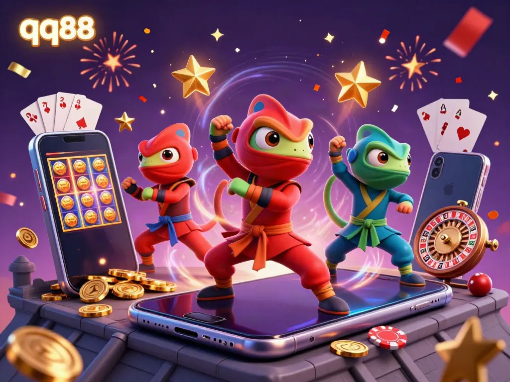 Engage in thrilling gameplay with qq88 as ninja chameleons showcase synchronized martial arts amidst a vibrant casino scene.