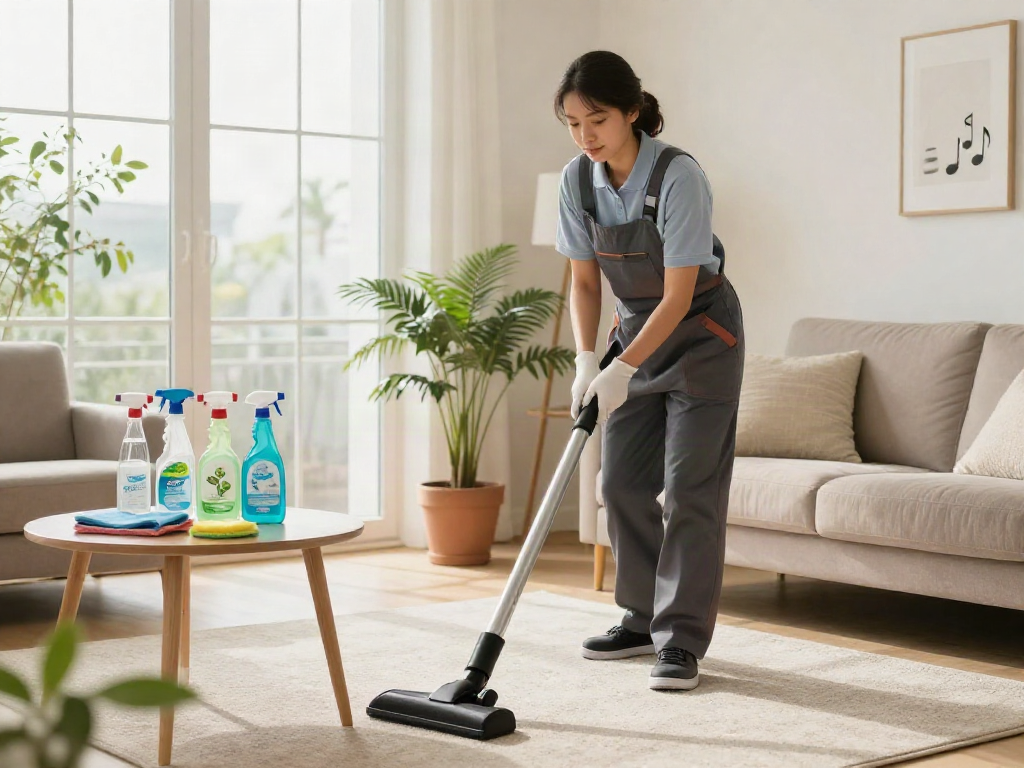 Professional cleaner using eco-friendly solutions in a bright living room during a depo 10k cleaning session.