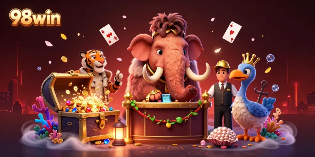 Experience ultimate excitement at 98win with VIP characters in a vibrant casino atmosphere featuring treasures and games.