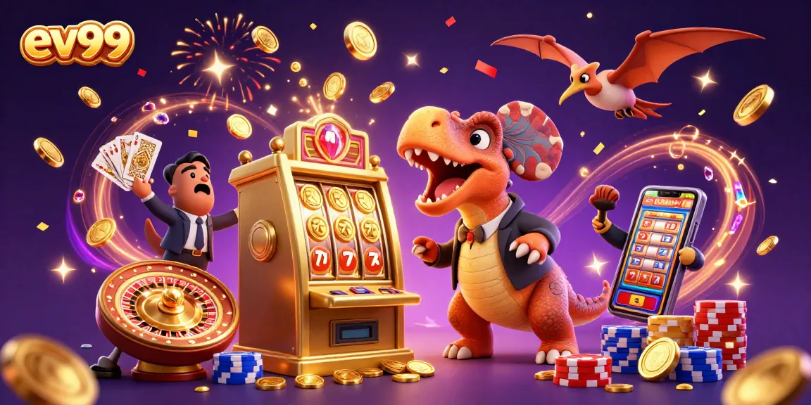 ev99 casino scene with a pachycephalosaurus winning jackpots and coins flying around